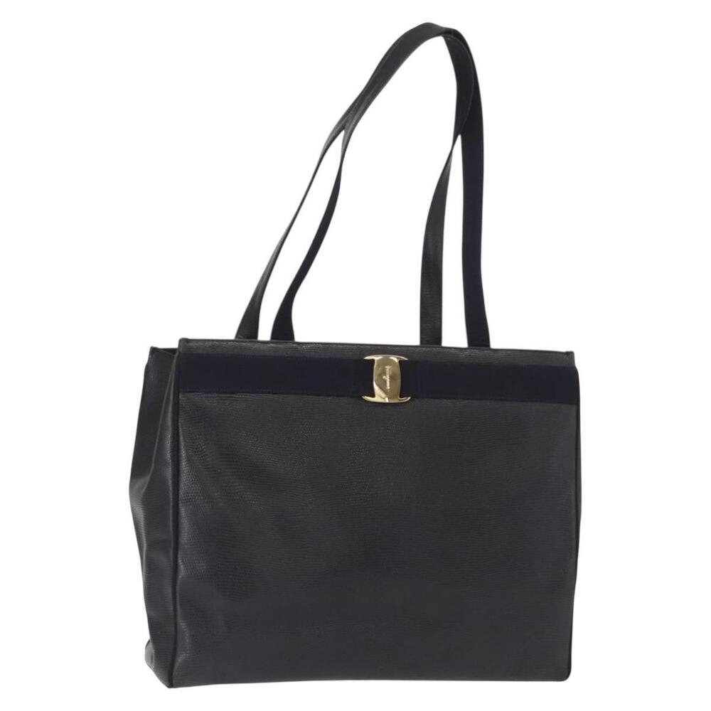 Salvatore Ferragamo Vala Tote Bag Leather Navy Gold Auth BA8751